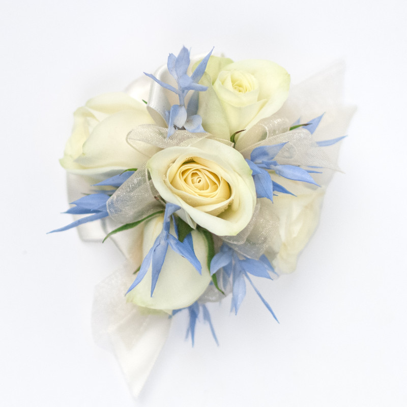 White Spray Rose and Light Blue Accent Corsage - Same Day Delivery
