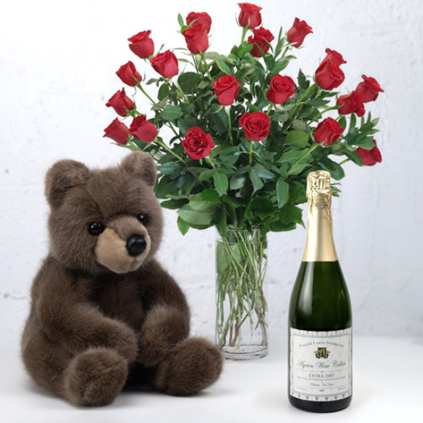 Big Bear Hug Double Dozen Rose and Sparkling Wine Package