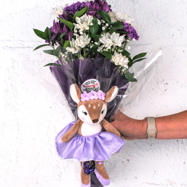 Lavender Dance Celebration Bouquet and Dancing Fawn
