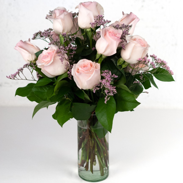 Dozen Premium Pink Roses with Caspia