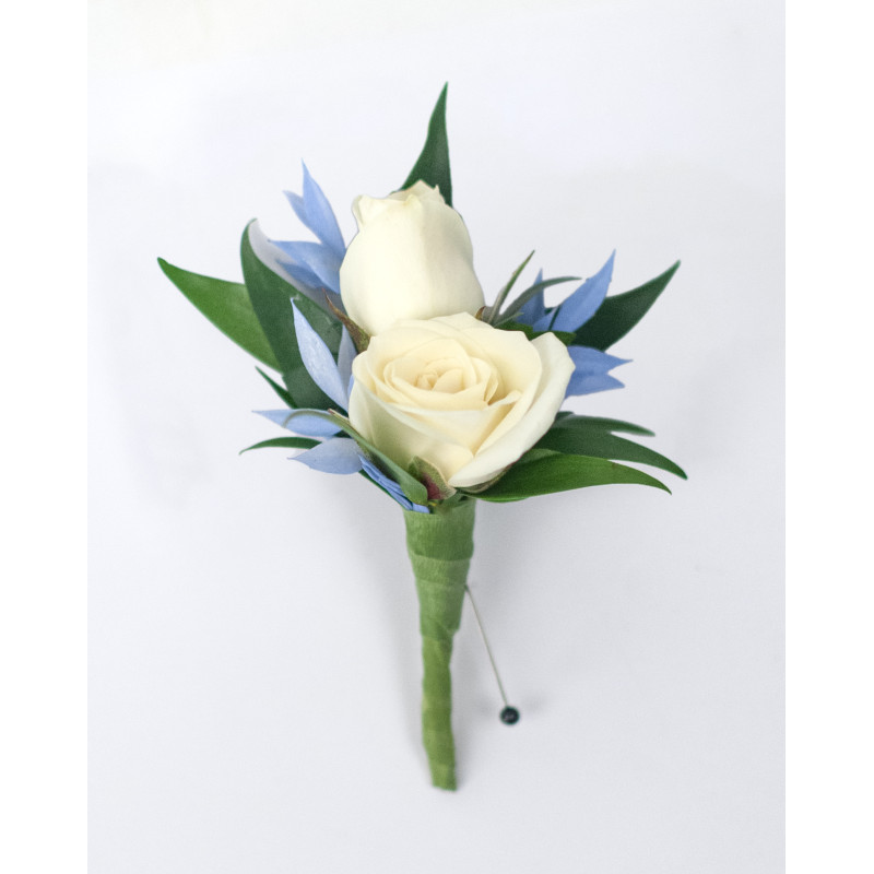 White Spray Rose and Light Blue Accent Boutonniere - Same Day Delivery