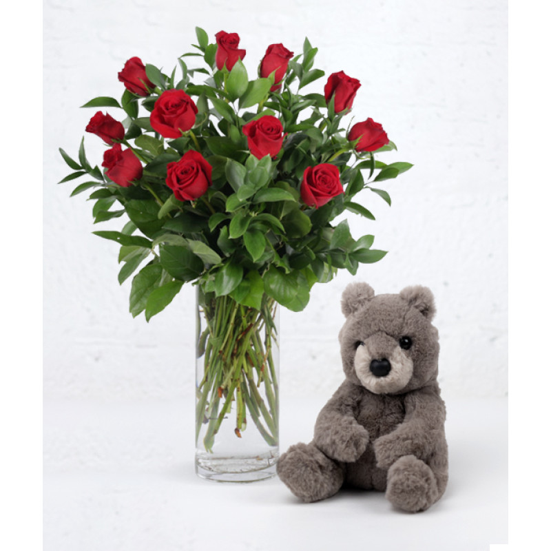 Bear Hug Dozen Rose Package - Same Day Delivery