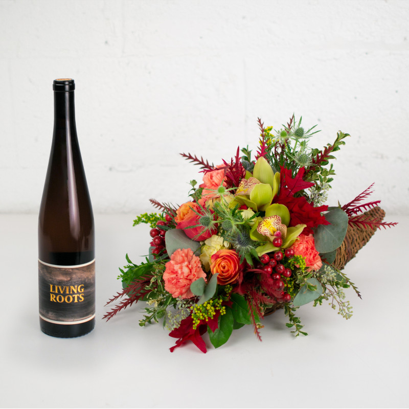 Cornucopia Centerpiece and Vidal Wine Duo - Same Day Delivery