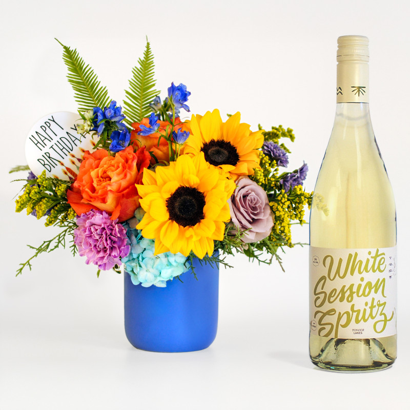 Happy Birthday Blooms and Bubbly Duo - Same Day Delivery