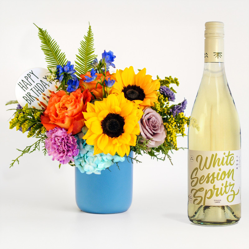 Happy Birthday Blooms and Bubbly Duo - Same Day Delivery