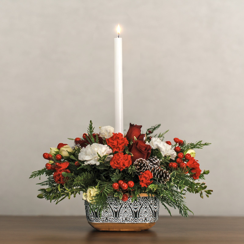 Holiday Harmony Centerpiece with Candle - Same Day Delivery