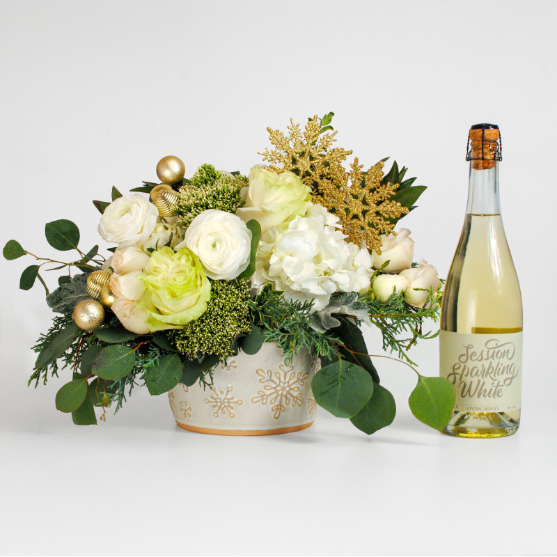 White Christmas Bouquet And Sparkling Wine Duo - Same Day Delivery