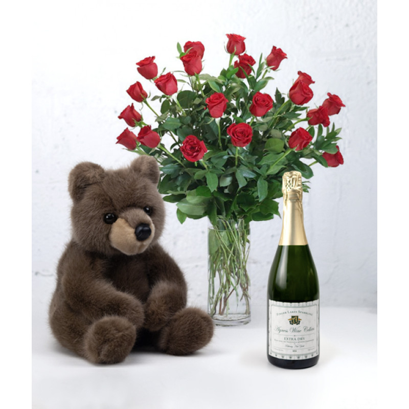 Big Bear Hug Double Dozen Rose and Sparkling Wine Package - Same Day Delivery