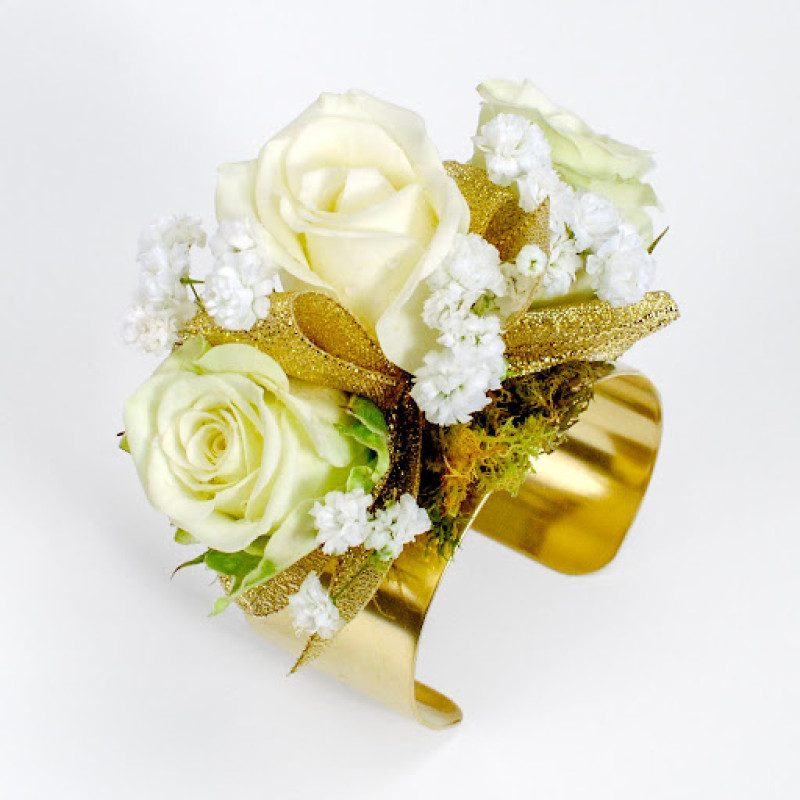 Gold Cuff Spray Rose and BB Corsage - Same Day Delivery